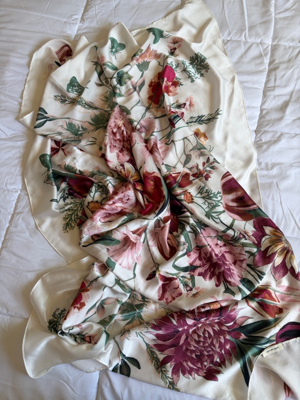 Floral Satin Scarf in Cream with Pink & Green Blooms